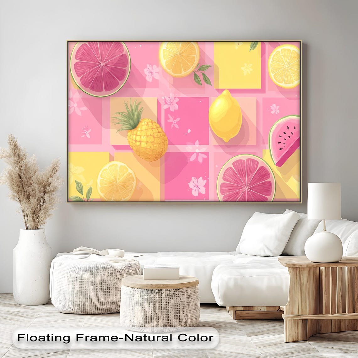 Tropical Fruit Poster Pink Yellow Kitchen Summer Citrus Wall Decor