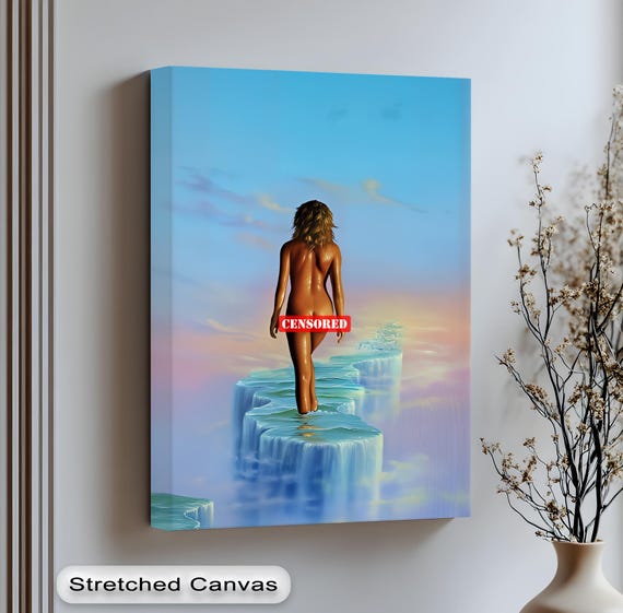 Surreal Nude Woman Canvas Wall Art Dreamlike Fantasy Waterfall Scene With Sunset Sky Floating Frame Anthracite