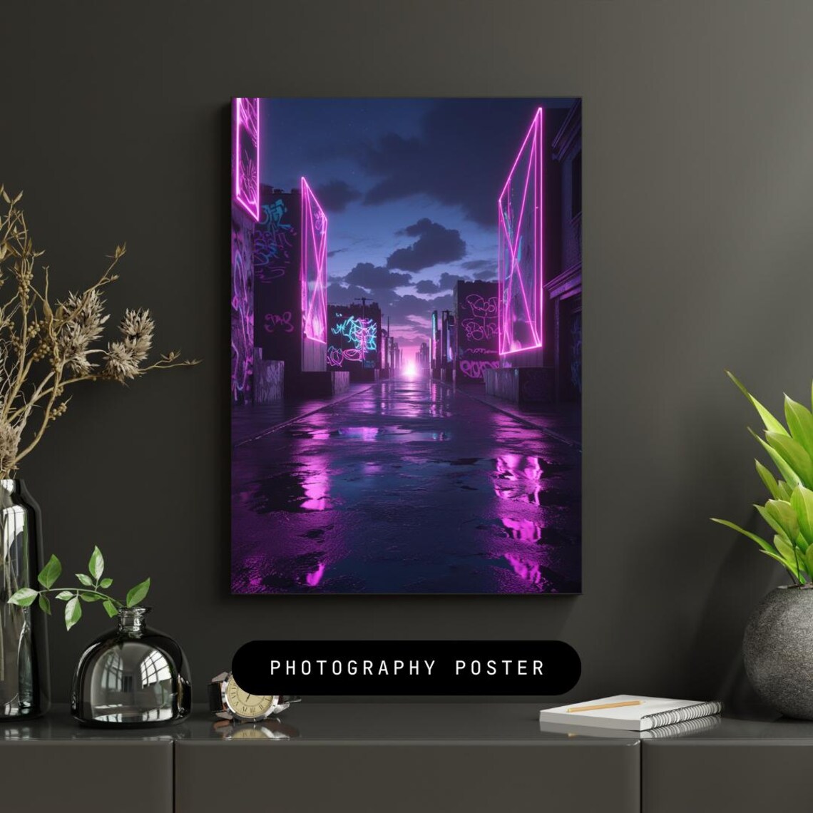 Neon City Alley Night Lights Urban Street Glow Photography Poster