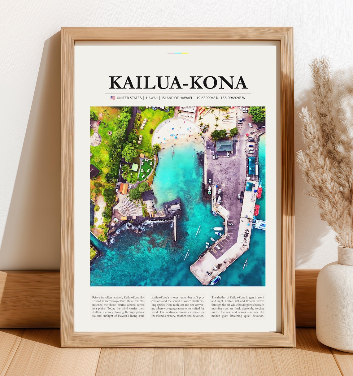 Kailua Kona Hawaii Aerial Beach Coastline Vintage Travel Poster