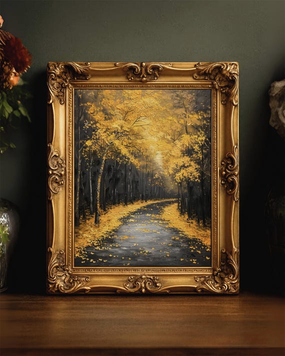 Forest Path Wall Art Yellow Tree Landscape Print Dark Maximalist Decor