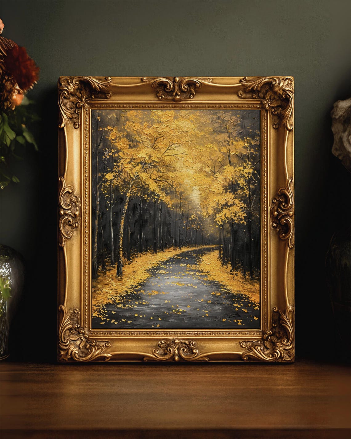 Forest Path Wall Art Yellow Tree Landscape Print Dark Maximalist Decor