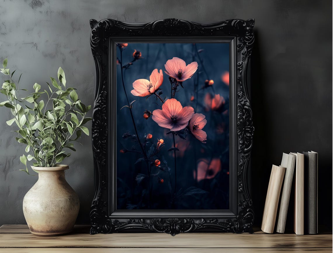 Dark Moody Floral Pink Flowers On Black Background Botanical Poster