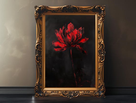 Single Glowing Red Flower Moody Black Vintage Botanical Poster