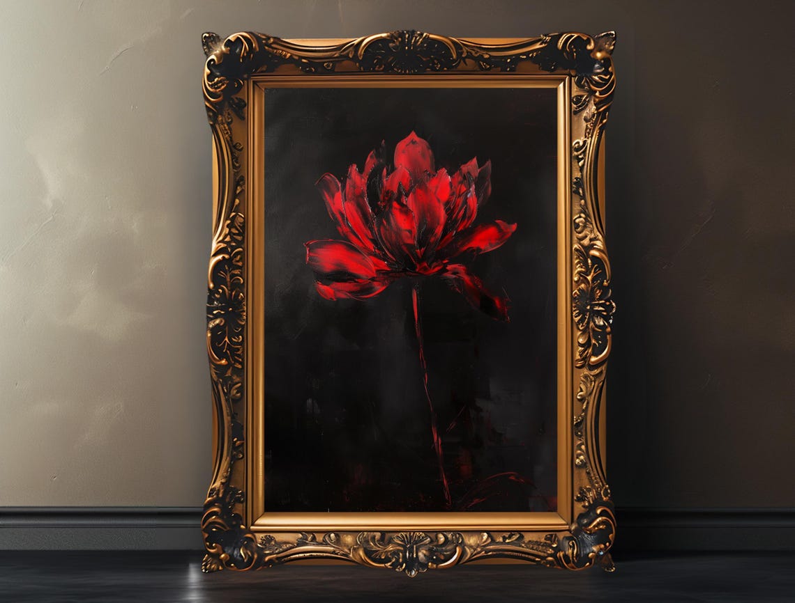 Single Glowing Red Flower Moody Black Vintage Botanical Poster