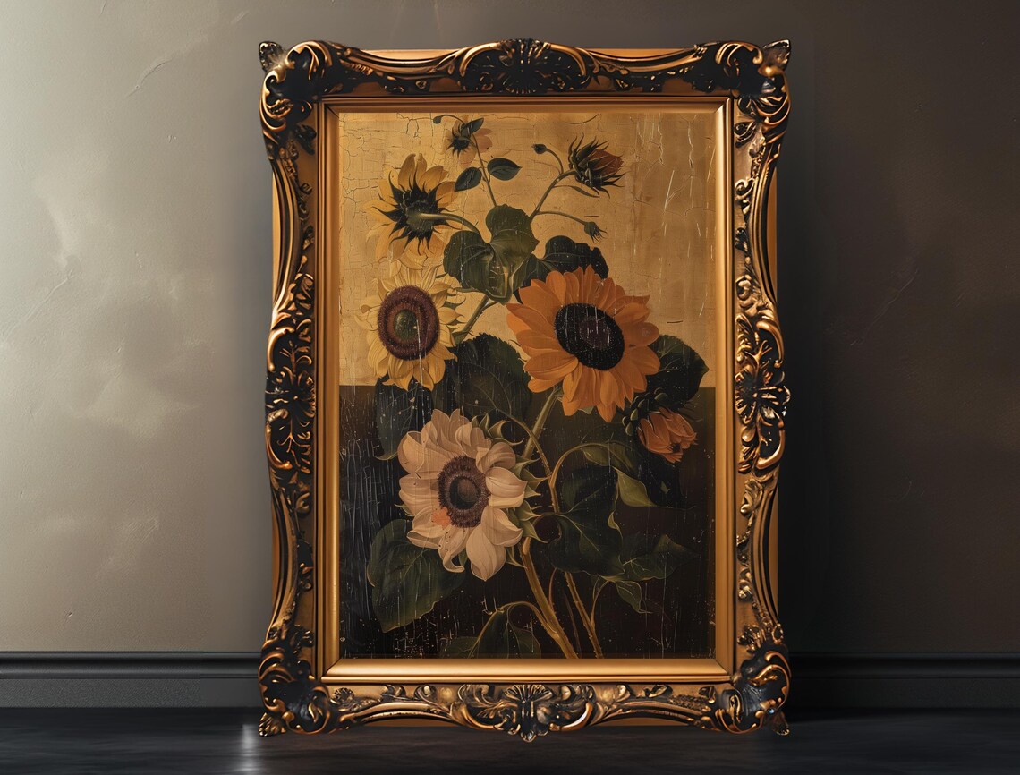 Vintage Sunflower Oil Painting Antique Gold Floral Art Poster