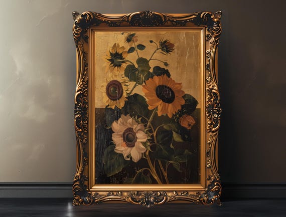 Sunflower Wall Art Vintage Moody Floral Print Antique Flower Painting Botanical Housewarming Gift