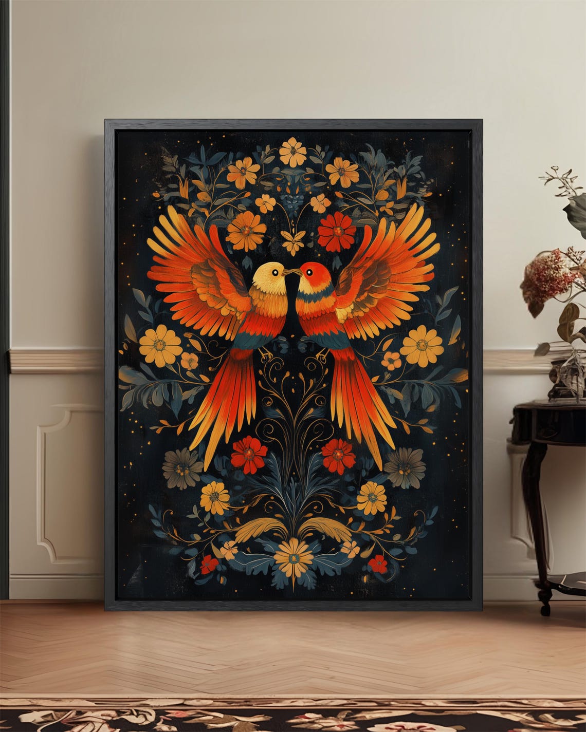 Folk Art Twin Birds Dark Floral Maximalist Botanical Art Poster