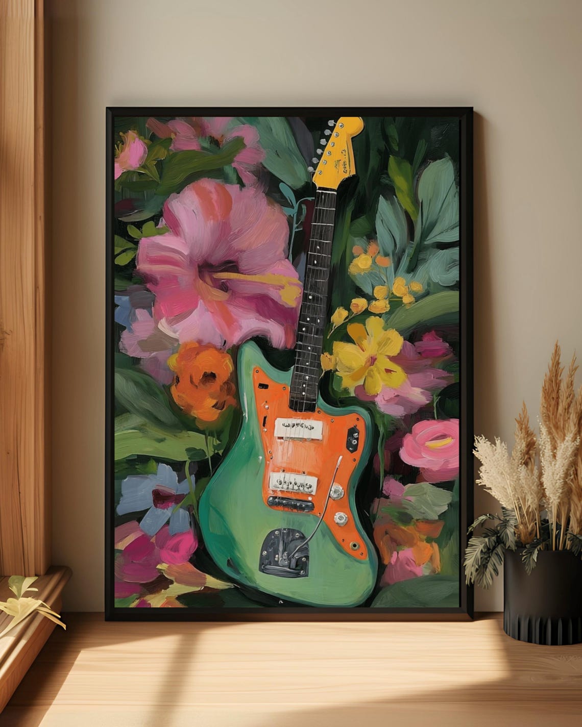 Green Electric Guitar Blooming Flowers Painterly Music Room Poster
