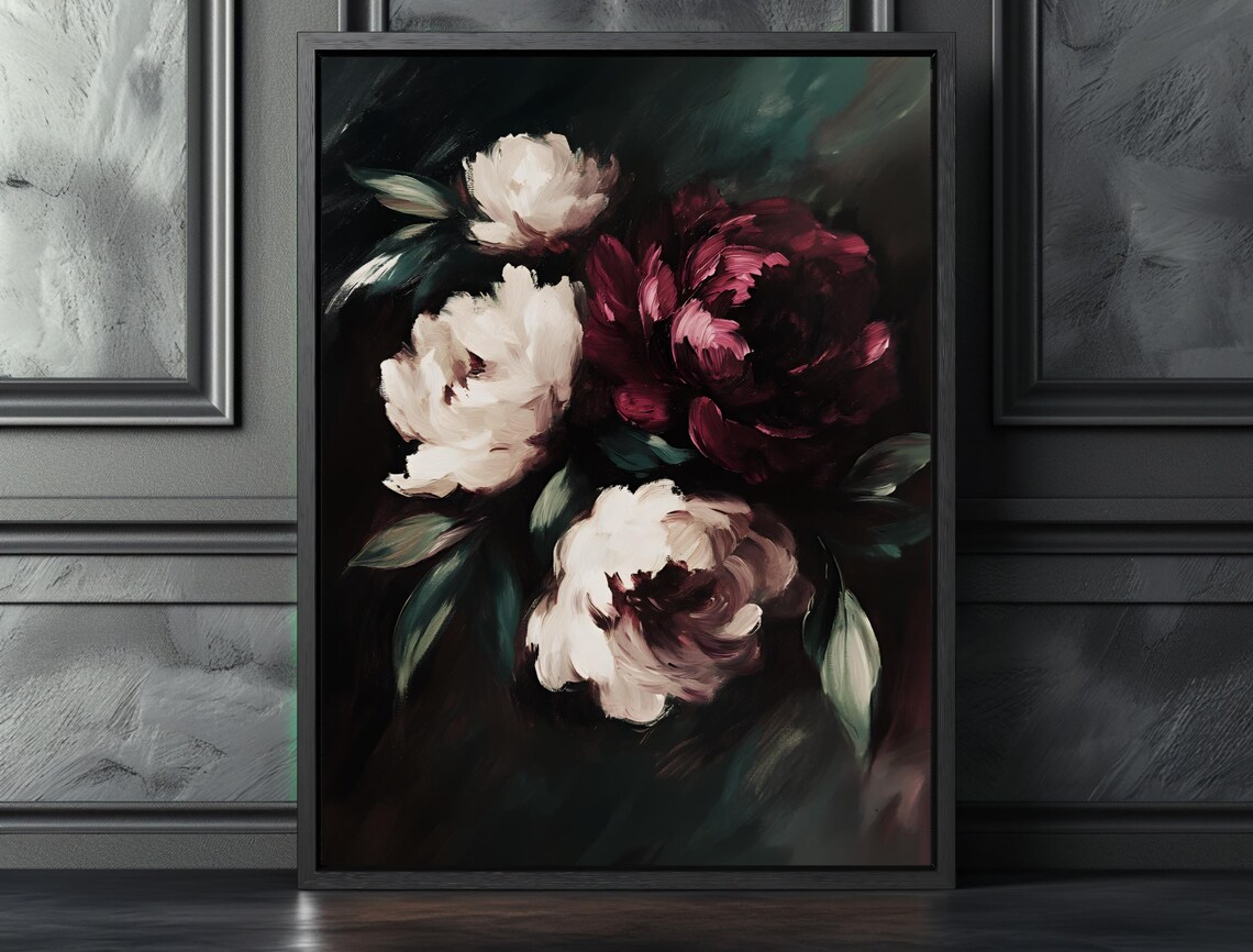 Moody Floral Painting, Dark Botanical Peony Art Print