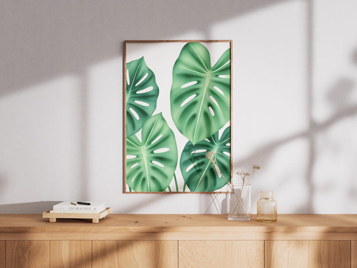 Lush Large Green Monstera Leaf Cluster Tropical Botanical Print