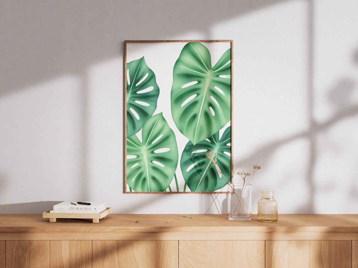 Watercolor Monstera Leaf Print Tropical Green Wall Art