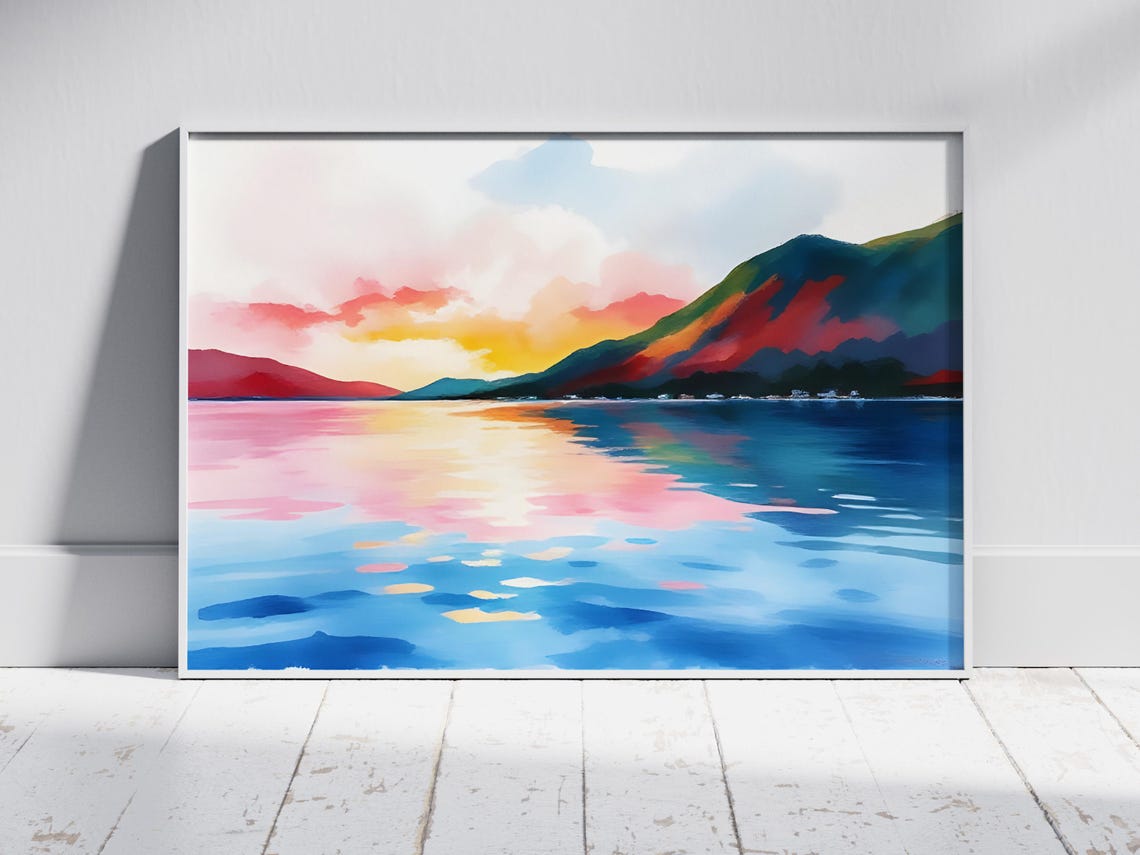 Sunset Lake Reflections Mountain Dusk Watercolor Landscape Poster