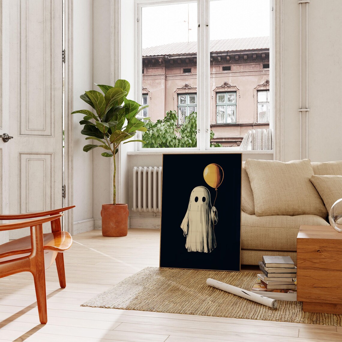 Modern Ghost With Yellow Balloon Halloween Print Spooky Dark Halloween Decor Funny Cute Ghost Poster Wall Art - Image 4