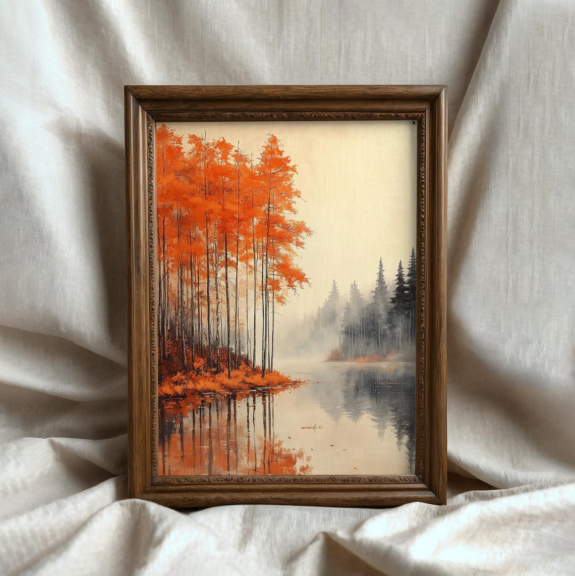 Autumn Trees By Misty Lake Orange Foliage Reflection Painting Poster - Image 4