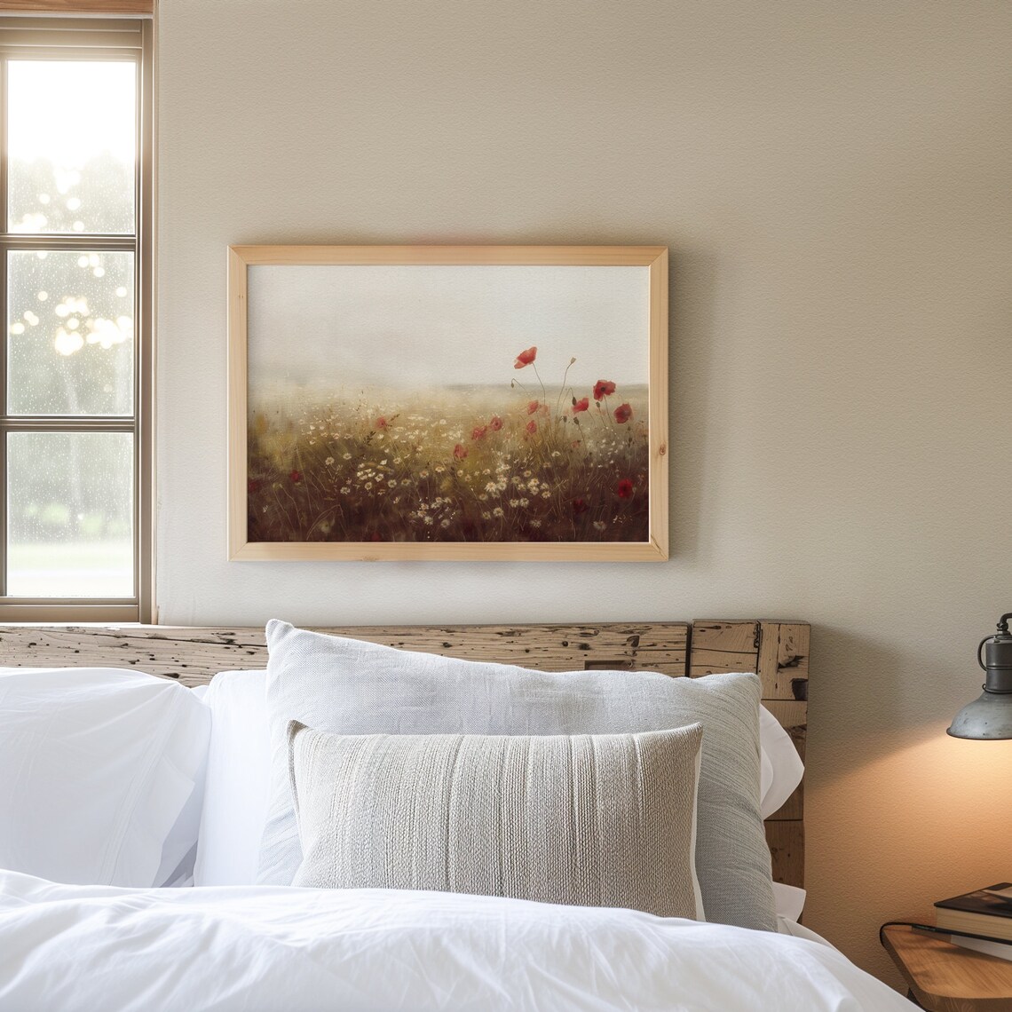 Misty Meadow With Red Poppies And White Wildflowers Dawn Painting Print - Image 4