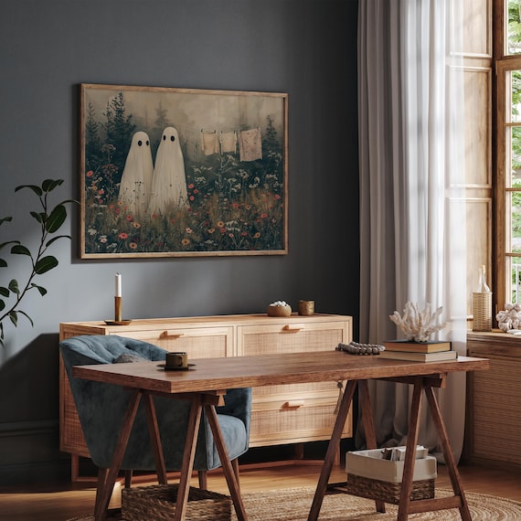 Two Cute Ghosts Clothesline Wildflower Meadow Spooky Cute Wall Art