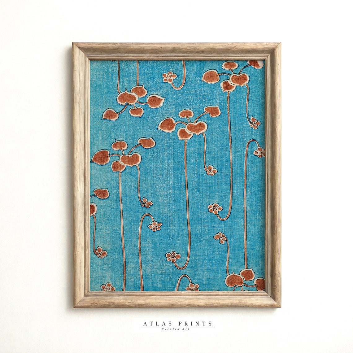 Japanese Woodblock Rust Red Leaves On Blue Vintage Pattern Poster
