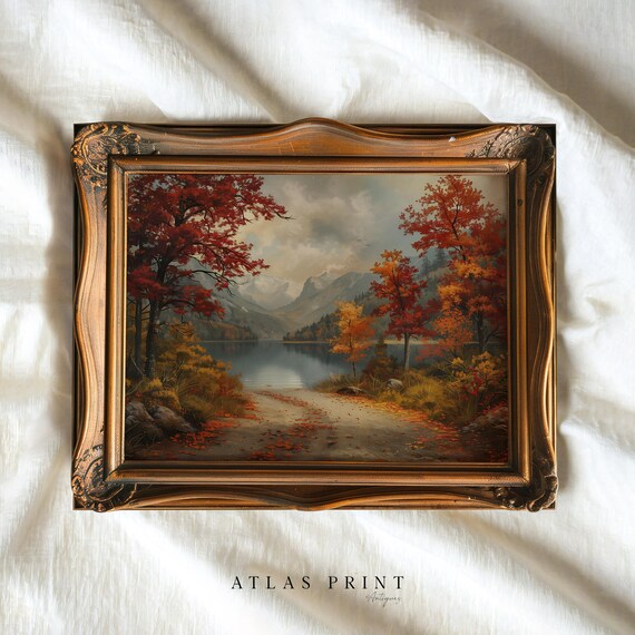 Vintage Autumn Lake Landscape Red Fall Trees Antique Oil Painting Poster