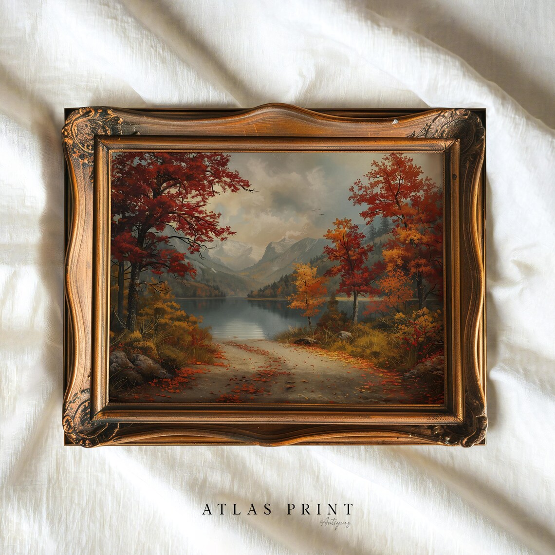 Vintage Autumn Lake Landscape Red Fall Trees Antique Oil Painting Poster