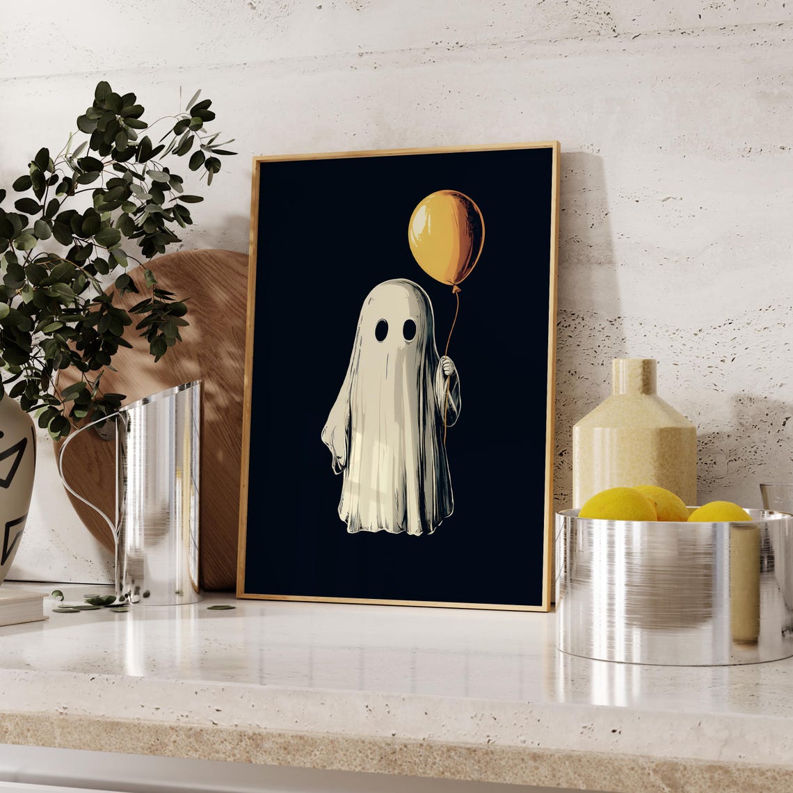 Cute Ghost Holding A Yellow Balloon On Black Background Poster - Image 5