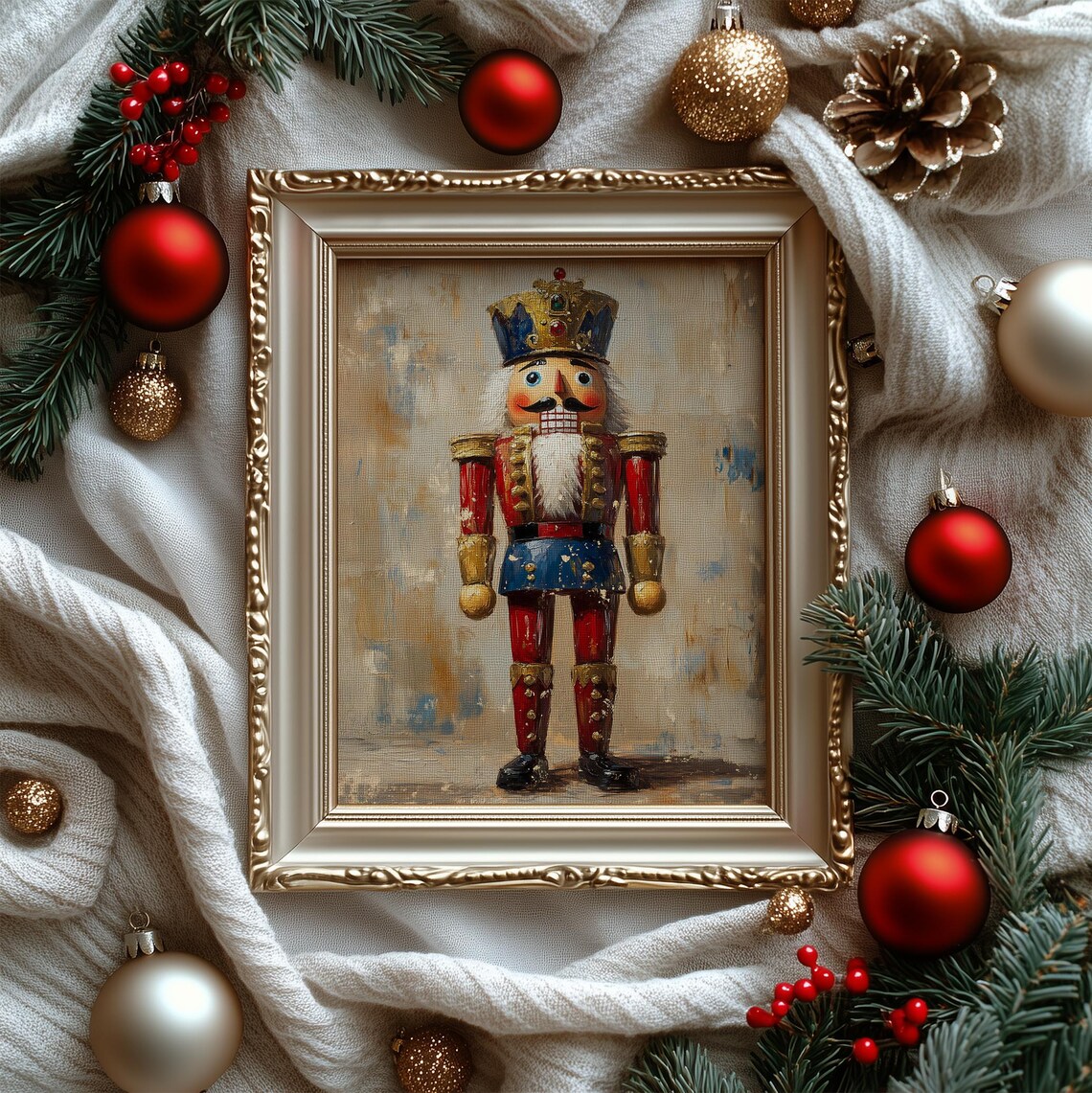 Vintage Nutcracker Soldier Red Blue Gold Christmas Painting Poster - Image 2