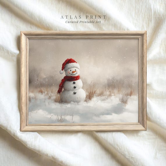 Vintage Christmas Snowman Print Neutral Winter Snowy Landscape Wall Decor Moody Snowman Oil Painting Art Holiday Prints