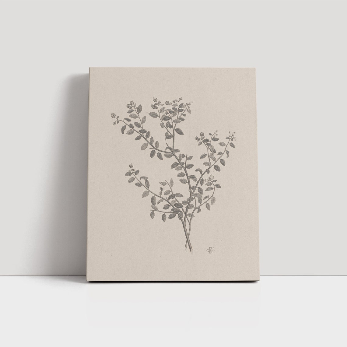 Elegant Minimal Grey Leaf Sprig Botanical Sketch Vintage Wall Art - Image 3