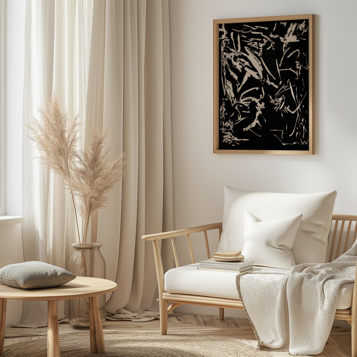 Black Abstract Gestural White Strokes Modern Minimalist Wall Art - Image 4