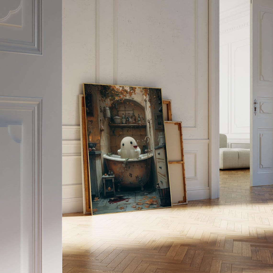 Cute Ghost In Rustic Bathroom Wine Glass Dark Academia Wall Art - Image 4