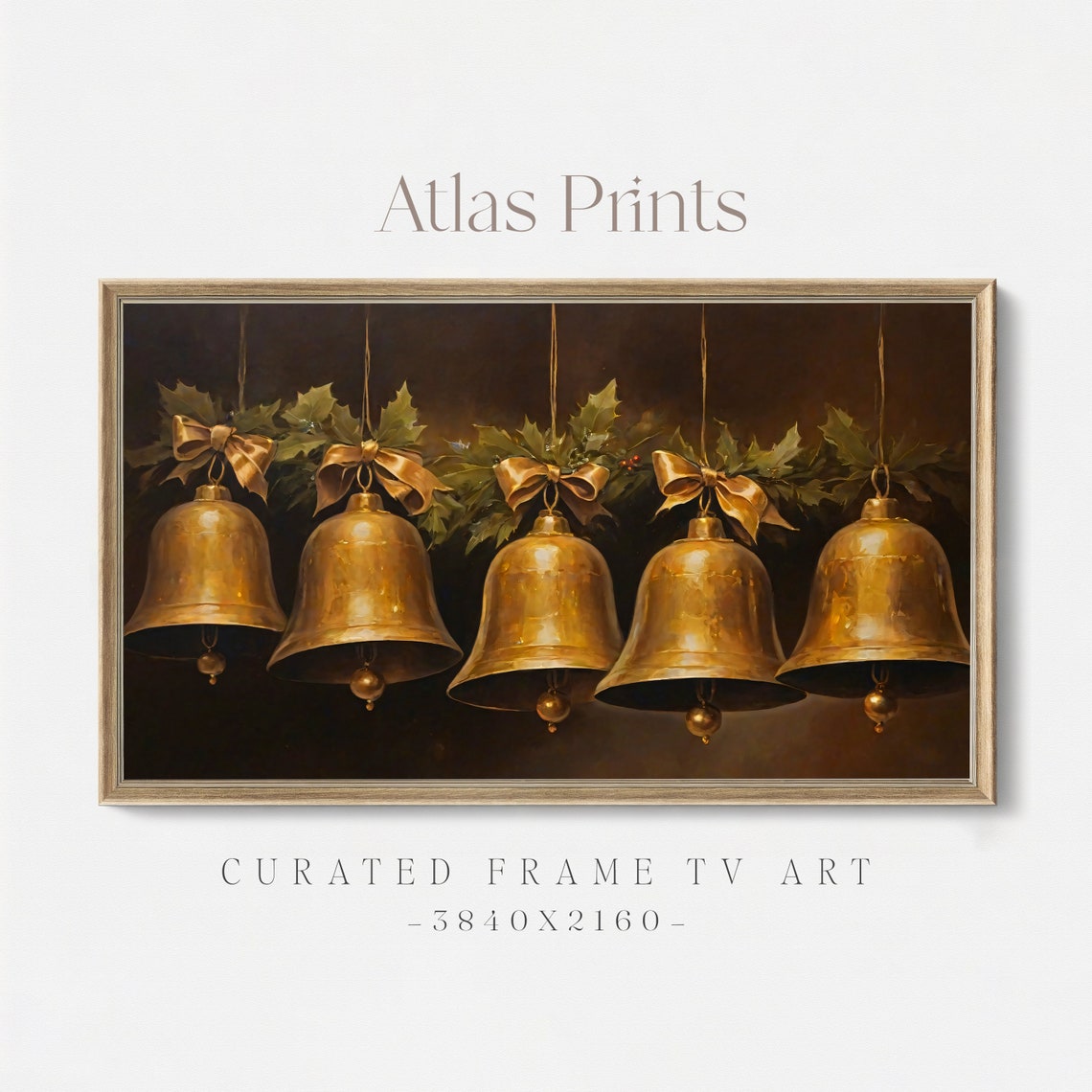 Five Antique Gold Bells with Holly Frame TV Christmas Wall Art