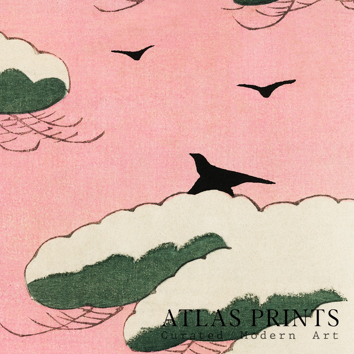 Vintage Japanese Woodblock Pink Sky Snowy Pine Birds Art Poster - Image 3