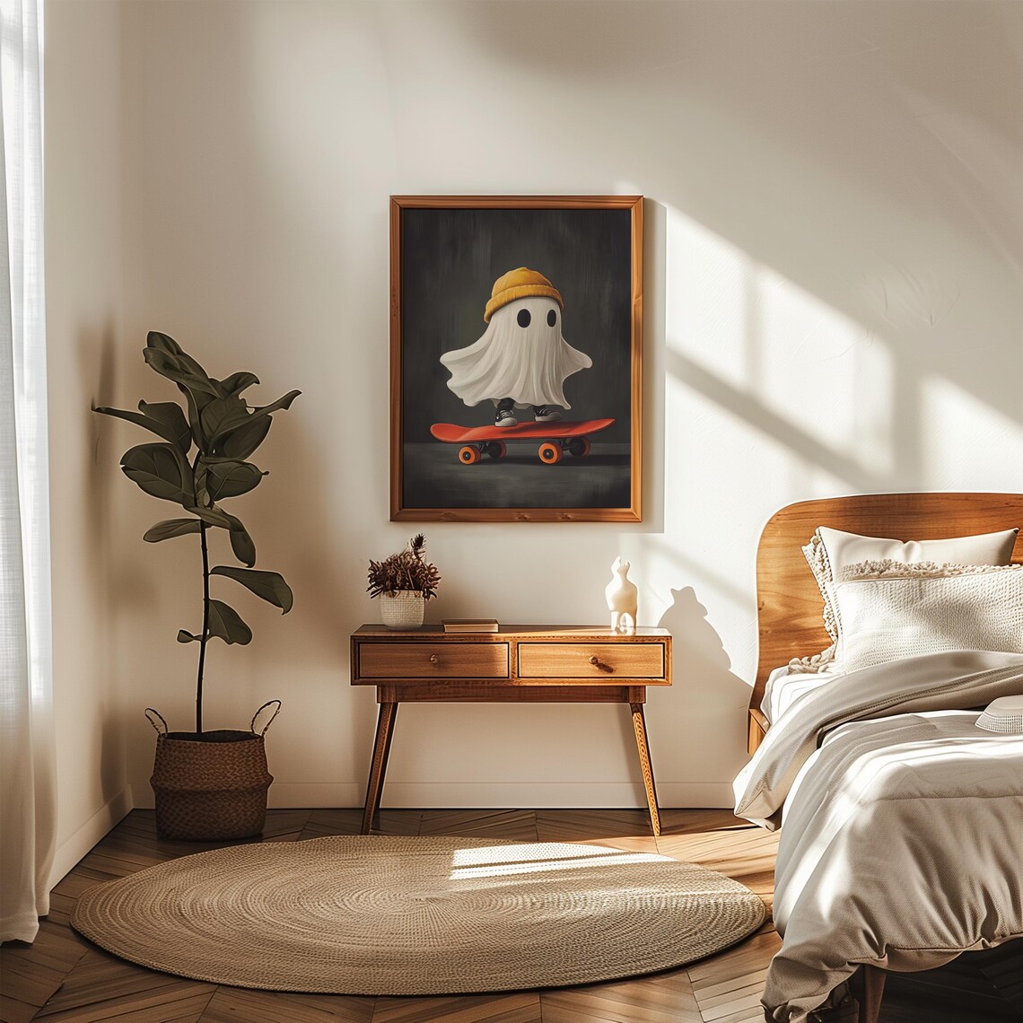 Modern Ghost Halloween Print Cute Ghost On Skateboard Poster Spooky Midcentury Modern Wall Art Funny College Dorm Decor - Image 3