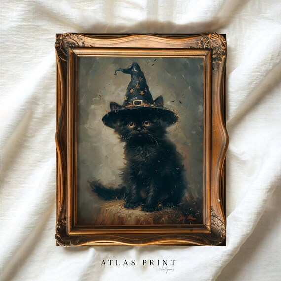 Black Kitten In Witch Hat Spooky Halloween Gothic Cat Painting Poster