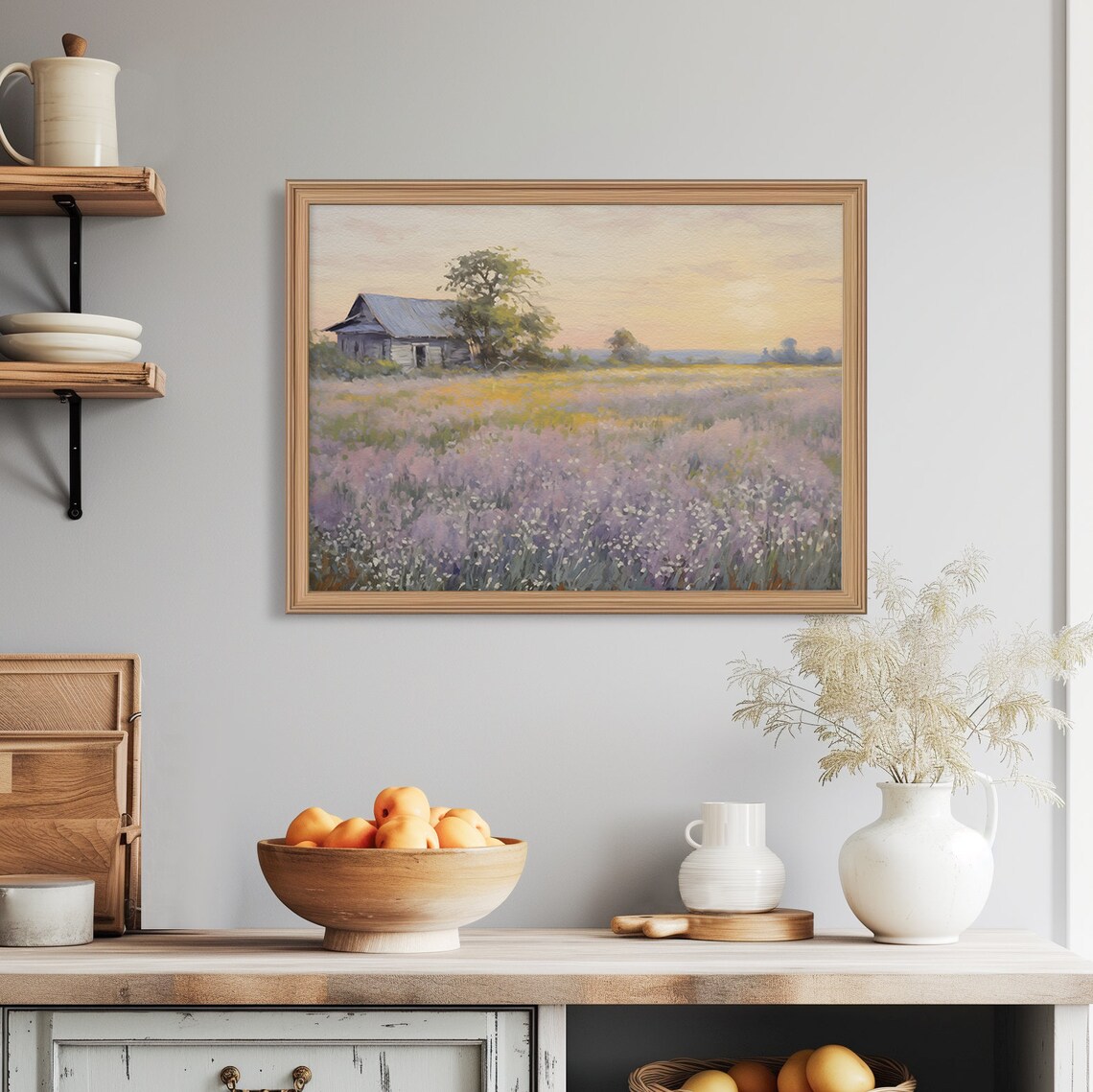 Rustic Wooden Barn In Purple Wildflower Field At Golden Sunset Painting Poster - Image 2