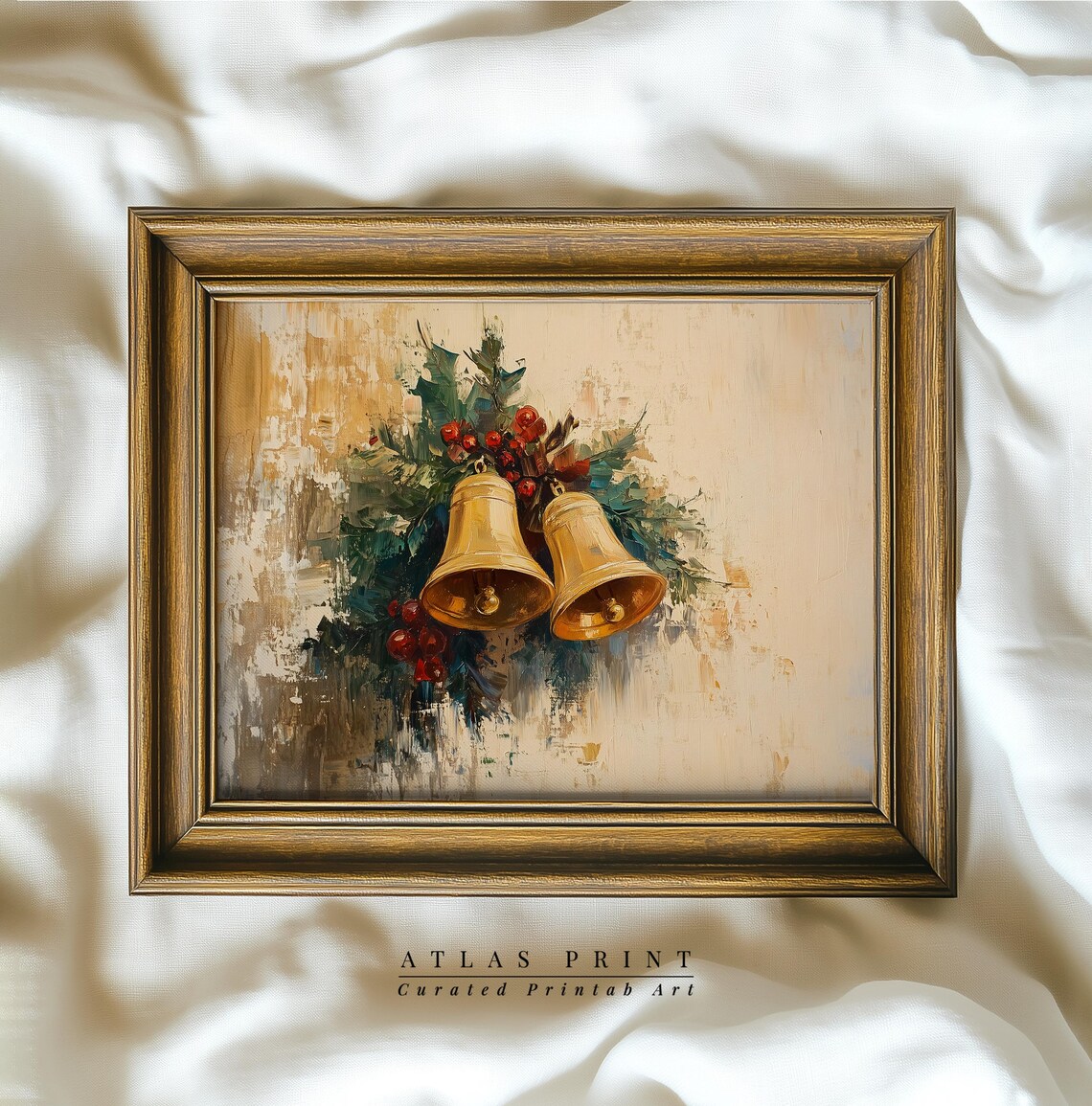 Golden Christmas Bells With Holly And Berries Vintage Oil Poster