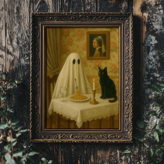 Halloween Dinner Print Black Cat Gothic Dining Room