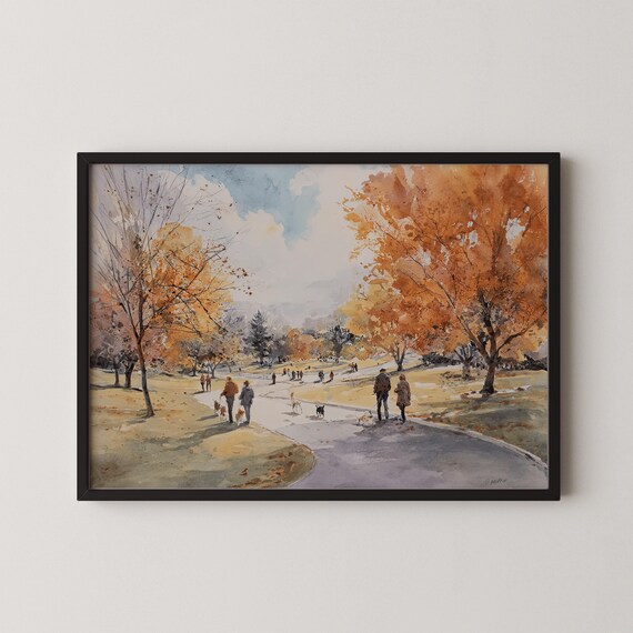 Autumn Park Watercolor with Dog Walkers on Tree Lined Path Poster