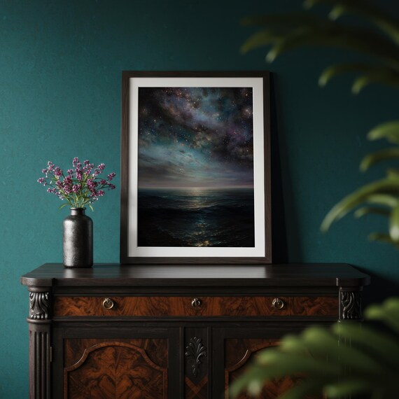 Starry Nebula Night Sky Over Dark Ocean Cosmic Seascape Poster