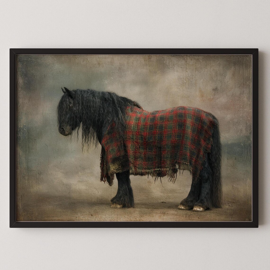 Vintage Black Horse Portrait In Plaid Blanket Equestrian Style Poster