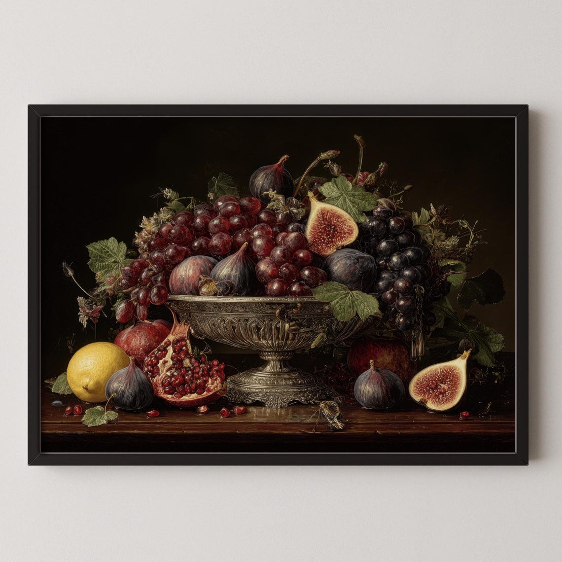 Baroque Fruit Still Life Silver Bowl Grapes Fig Pomegranate Poster