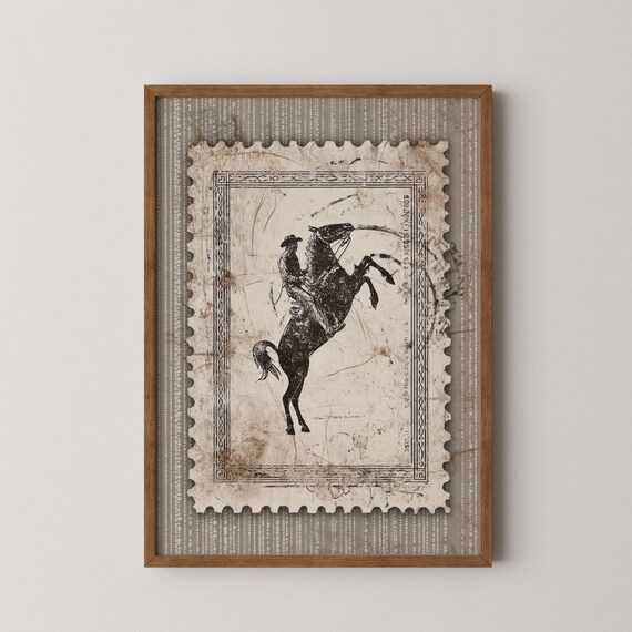 Vintage Rodeo Cowboy Bucking Horse Postage Stamp Western Print