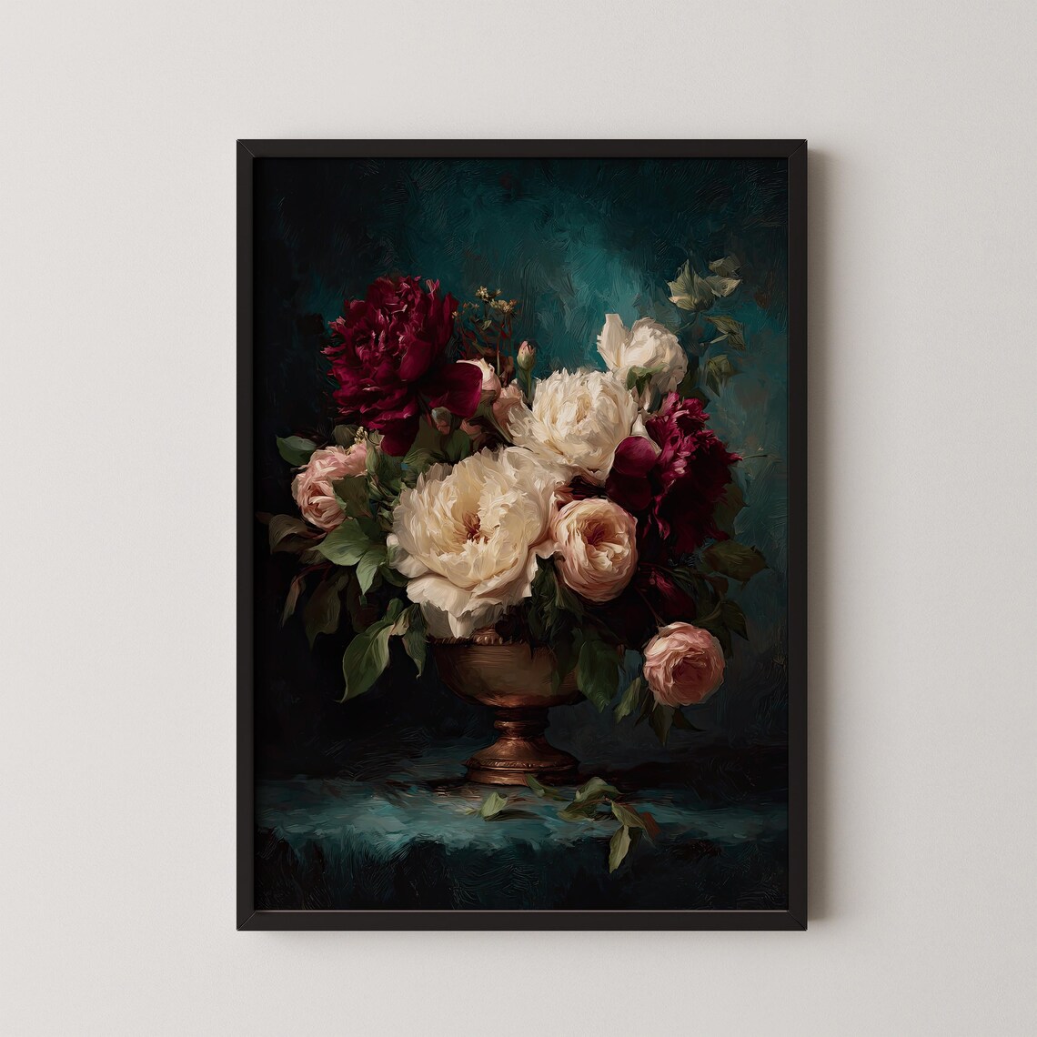 Moody Peony Bouquet In Bronze Urn Dark Floral Still Life Poster