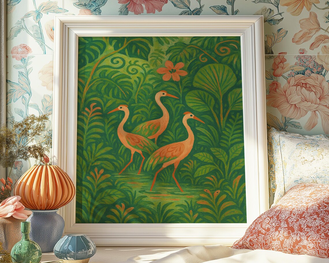 Three Orange Cranes in Lush Green Tropical Jungle Garden Poster