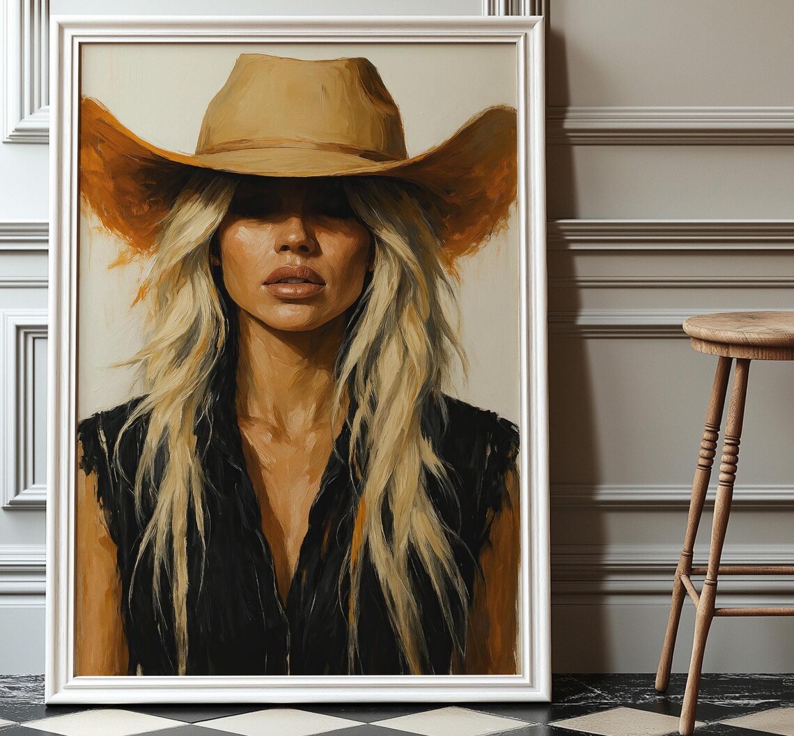 Bold Retro Blonde Cowgirl Portrait Painted Western Woman Poster