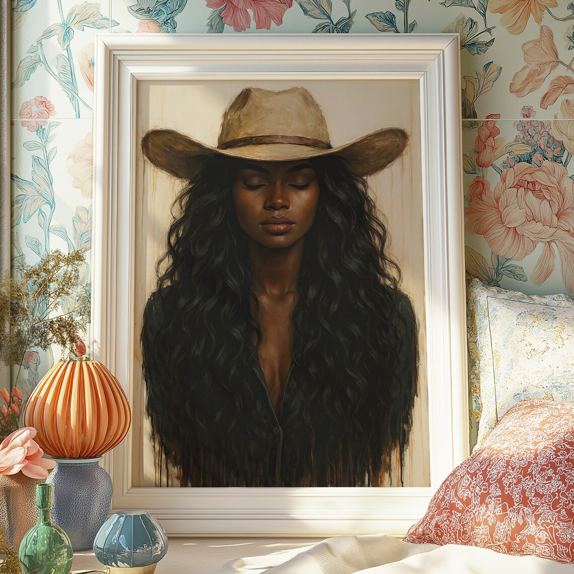 Dark Curly Hair Cowgirl Portrait Rustic Western Boho Woman Wall Art