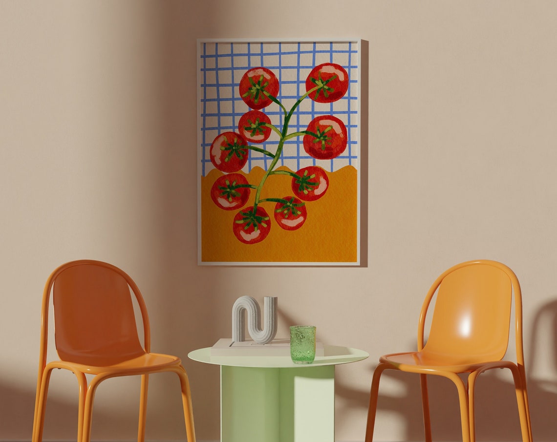 Cherry Tomatoes on the Vine Hand Drawn Colorful Kitchen Poster