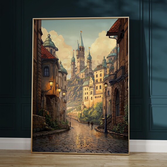 Hilltop Castle Old Town Street Poster with Medieval Towers Fantasy Art