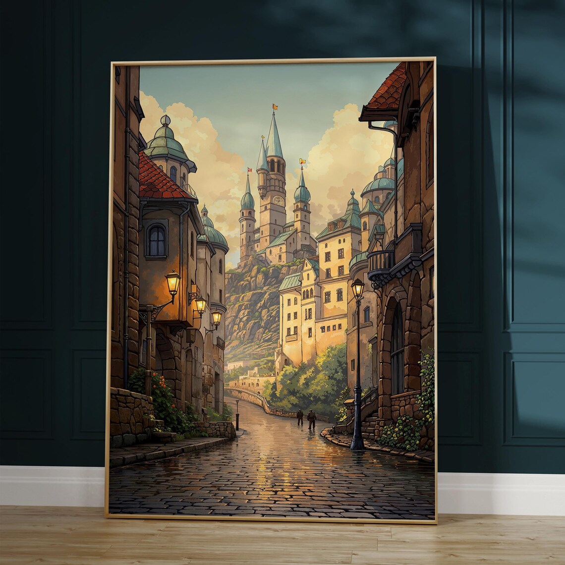 Hilltop Castle Old Town Street Poster with Medieval Towers Fantasy Art
