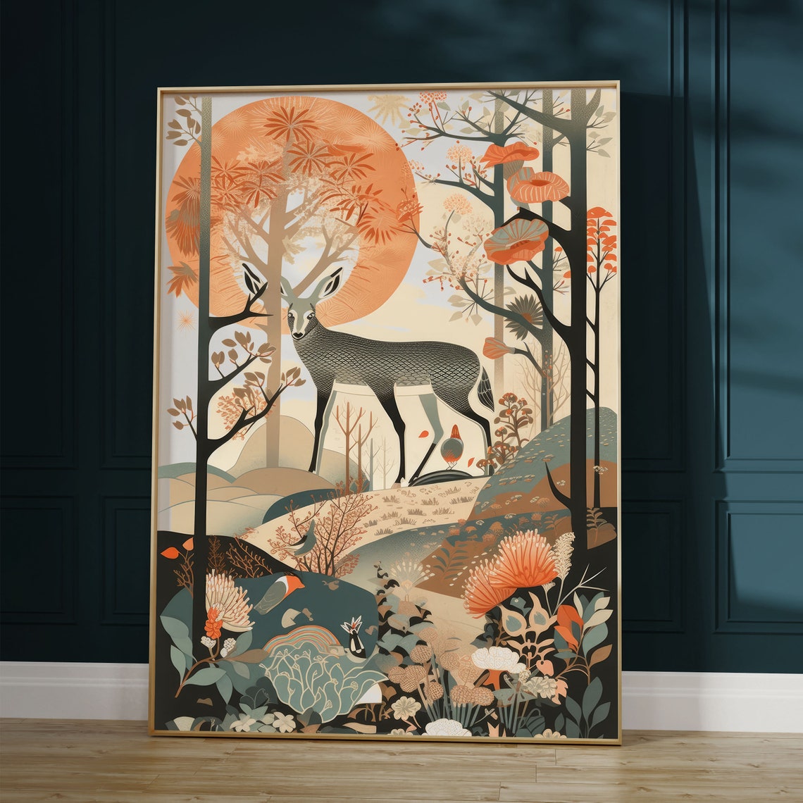 Japandi Deer Forest Poster with Stylized Deer and Orange Sun Zen Art